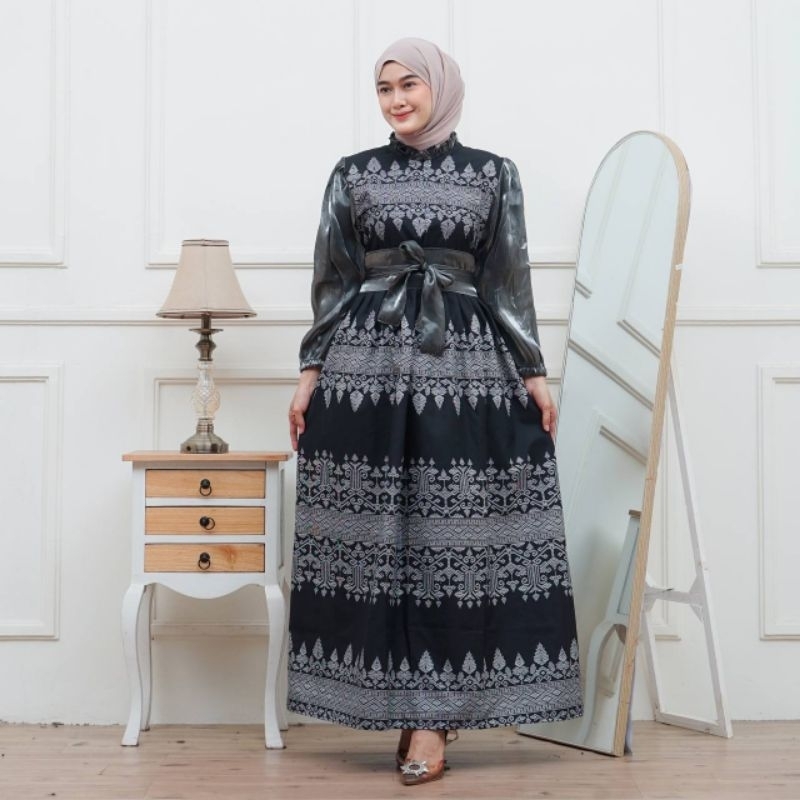 GAMIS BATIK ETNIK KOMBINASI POLOS SILK