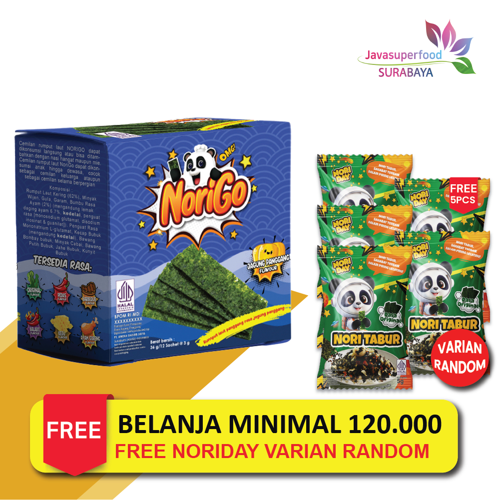 

SBY. Norigo (1 BOX ISI 12 PCS) / Nori Sachet Seaweed Snack 3g Rumput Laut Halal Rasa Jagung Panggang