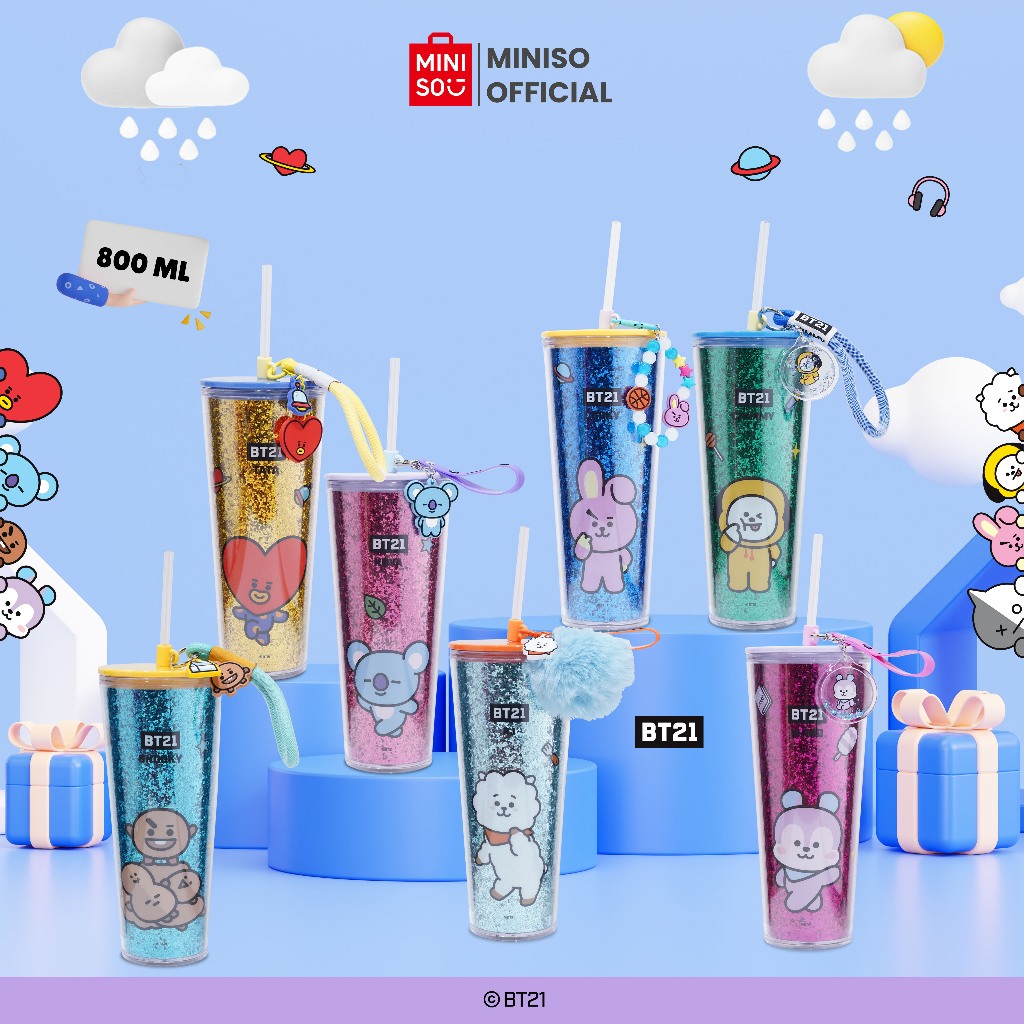 Miniso x BT21 Collection Plastic Tumbler Cangkir Minum Double Wall with Straw & Decoration Straw Cup