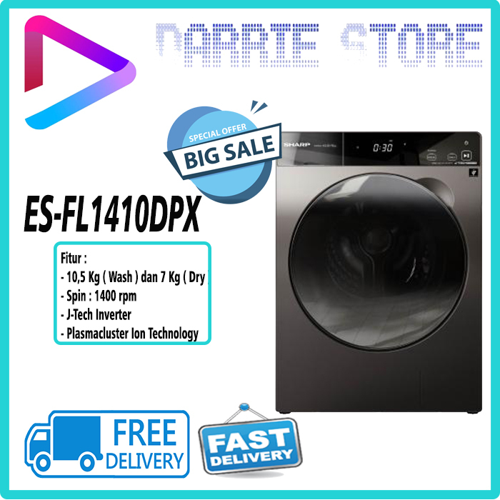 SHARP ES-FL1410DPX Mesin Cuci Sharp Front Loading Pro-flex Series Wash & Dry 10.5 Kg & 7 Kg ES-FL141