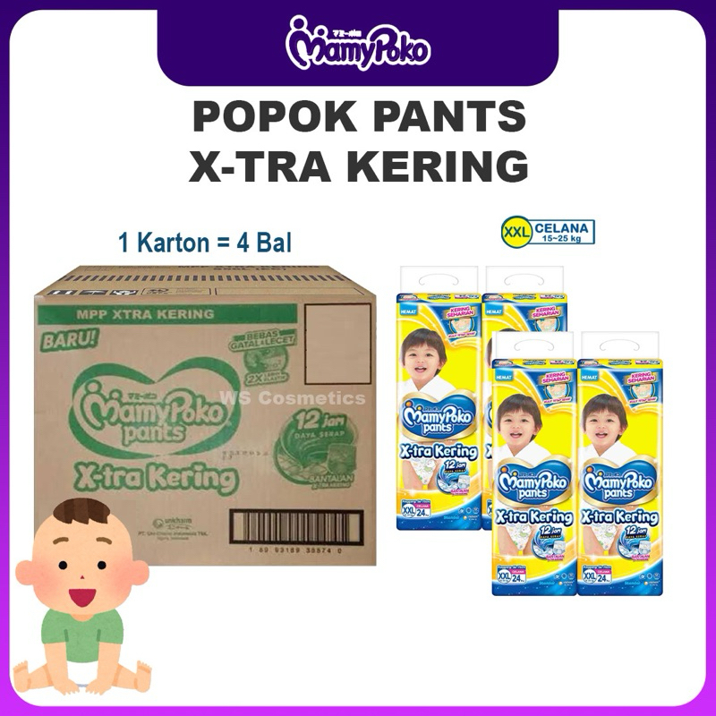 Pempers popok Bayi Mamypoko Pants Extra  Kering GROSIR  12 Jam Paket 4Ball /1 Karton Size S38/ M32 /