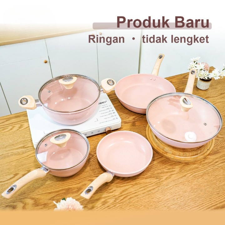 LG-4 Eterna Set White/Pink - Set Wajan dan Panci Anti Lengket dengan Tutup Kaca Isi 8 Pcs Anti Gores
