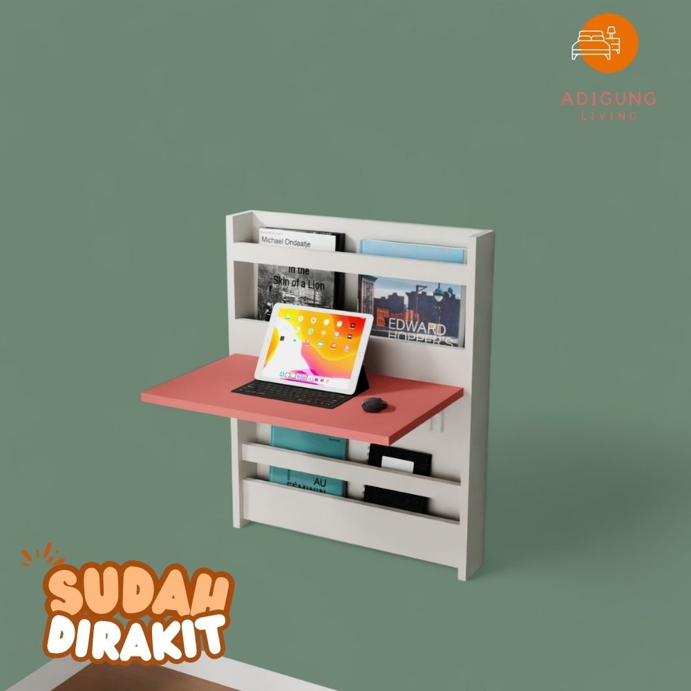 Meja Kerja Gantung Rak Buku Dindiing Minimalis - Meja Lipat Dinding Rak Buku Gantung-Danish-E14