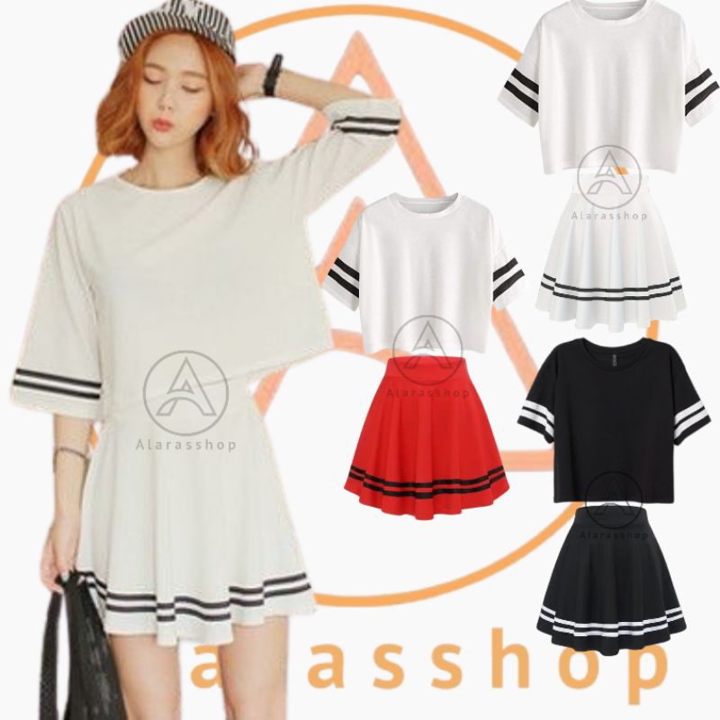 Setelan Crop Stripe Hitam Rok Stripe Hitam Wanita Kasual Olahraga Gym Zumba Line Dance Setelan Rok K