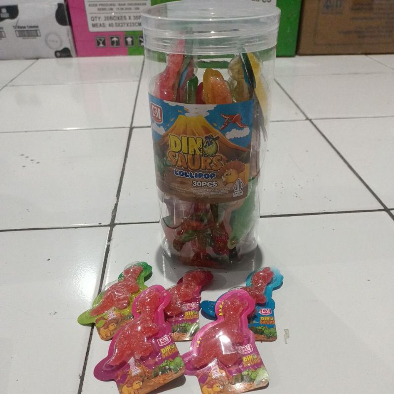 

permen lunak gummy lollipop bentuk dinosaurus rasa buah buahan 1 toples isi 30