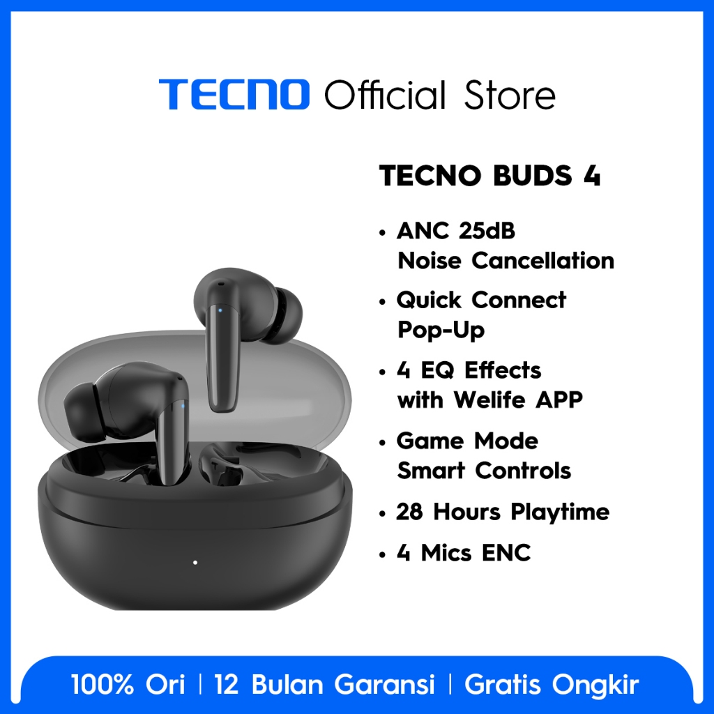 TECNO TWS Buds 4 - 25dB ANC, Auto Connection Pop-up, Multi-EQ Effects with Welife APP, Auto Game Mode, 28-Hour of Playtime, 4 Mics ENS - Gambar 2