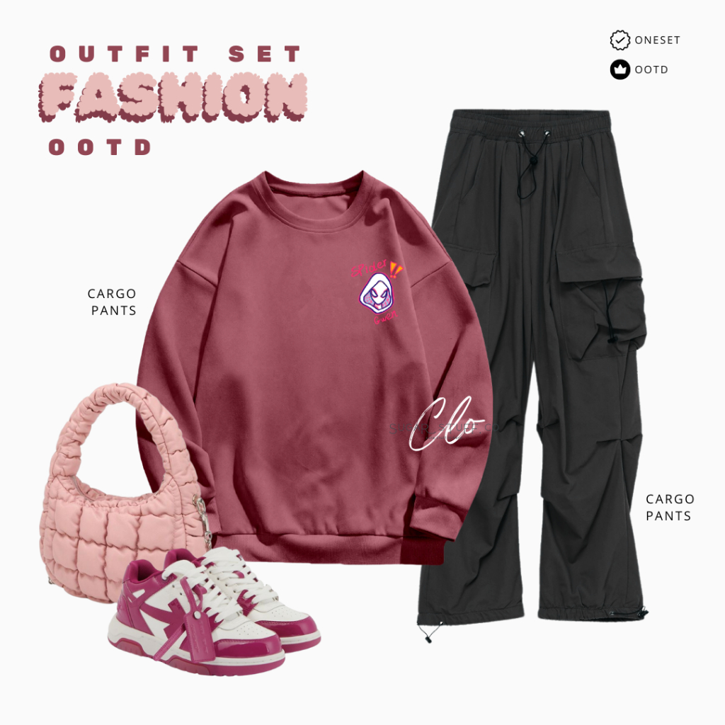 C08 - OneSet Outfit Set Fashion Cargo Pants Sweater Oversize
