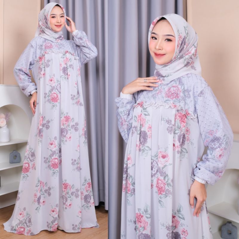 Andini Dress Gamis Ceruty Printing Full Furing FREE Kerudung SegiEmpat Busui dan Wudhu Friendly