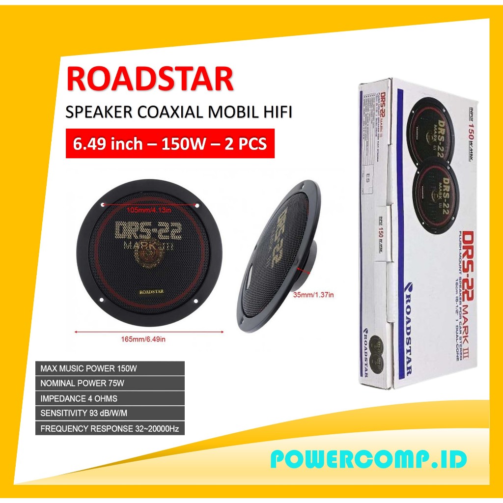 Roadstar DRS-22 Mark III Spiker Mobil 6.49Inch Car Speakers 150W 2 Pcs Car HiFi Coaxial Subwoofer Un