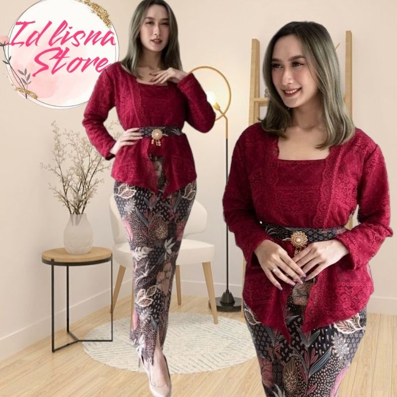 Kebaya Brokat Model Kutu Baru Bawahan Rok Plisket