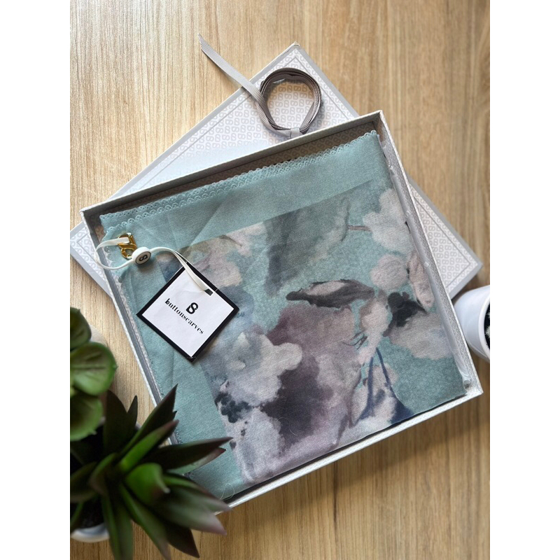RARE ITEM Buttonscarves LE FLEUR Voile Square Series in BLUE (NEW AS IS)
