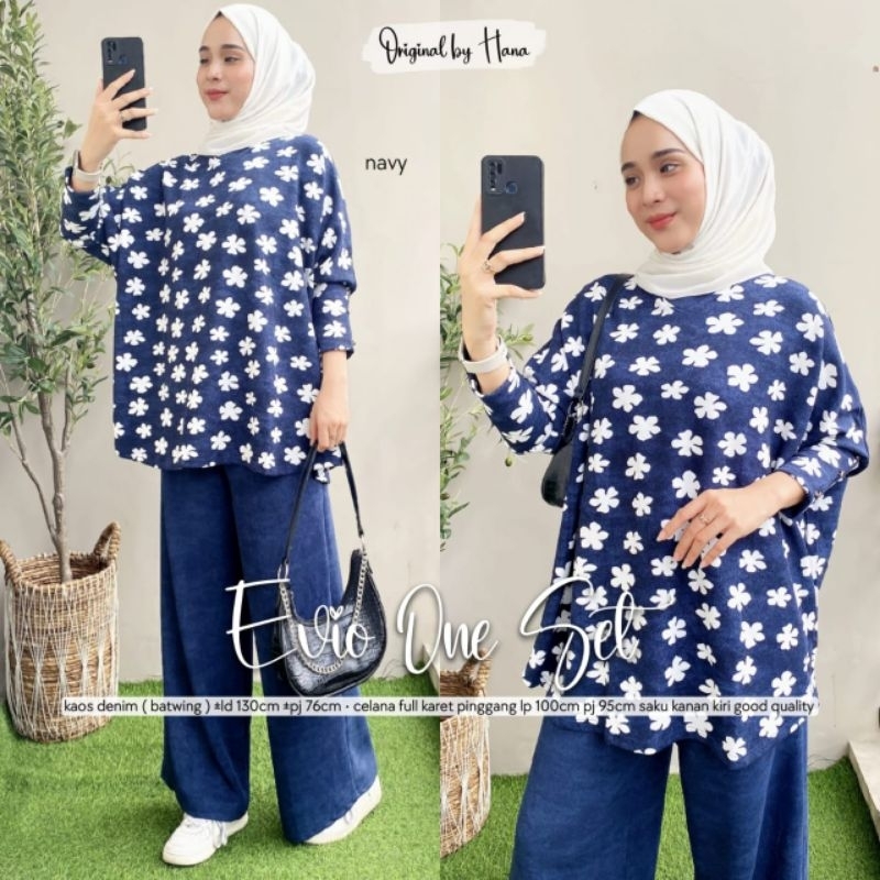 evio one set wanita kekinian by hana setelan jeans wanita tunik batwing jumbo kaos batwing bigsize l