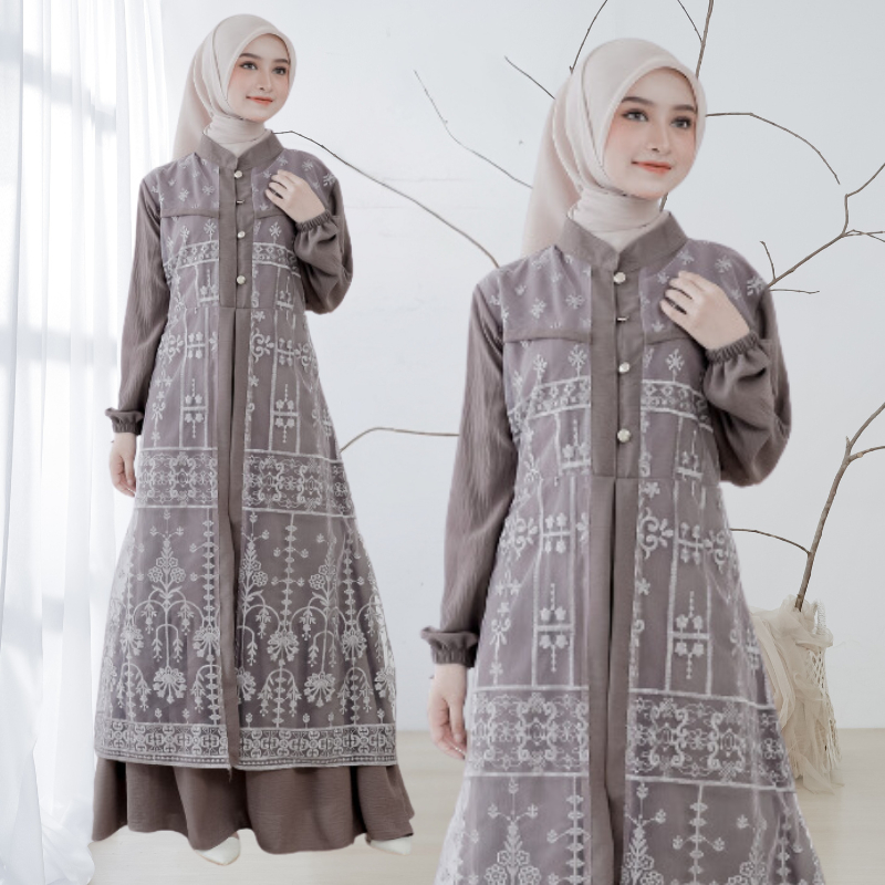 Gamis Brokat Elegan Pesta Muslimah Premium-Latte
