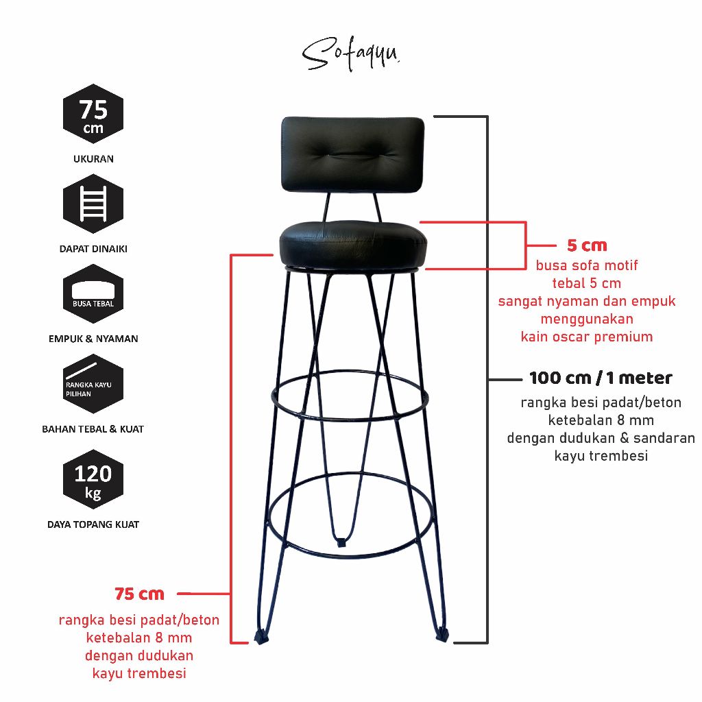 kursi sandaran outdoor 75cm / 60cm / 50cm / Tinggi 100 cm / 85 cm / dudukan busa / sofa/ salon /kurs
