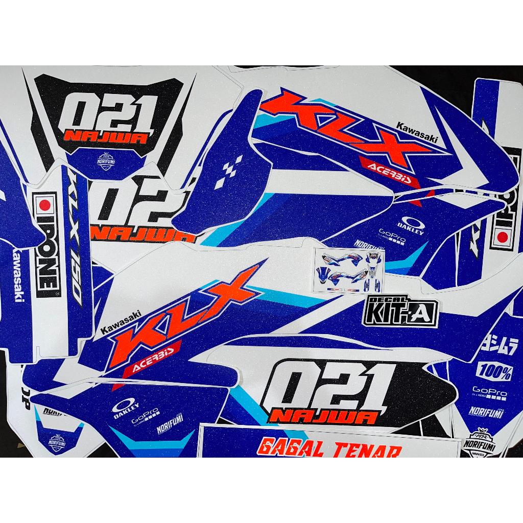 Decal sticker KLX BF 150 design terbaru Motif SIMPEL BIRU OREN DOFF GLITER
