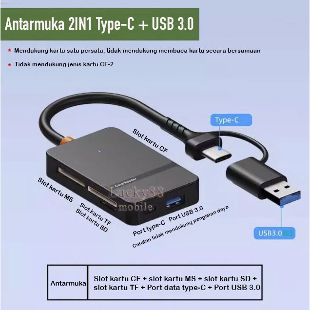 Type C - USB 3.0 Ultra Speed Card Reader to CF Card Micro SD Sony MS Duo Type-C Multifungsi Pembaca 