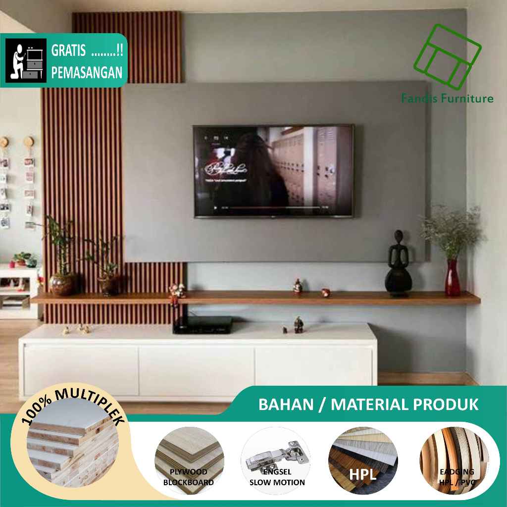 BackDrop TV / Kabinet TV / Meja TV / Lemari TV / BackDrop TV Custom Finish HPL