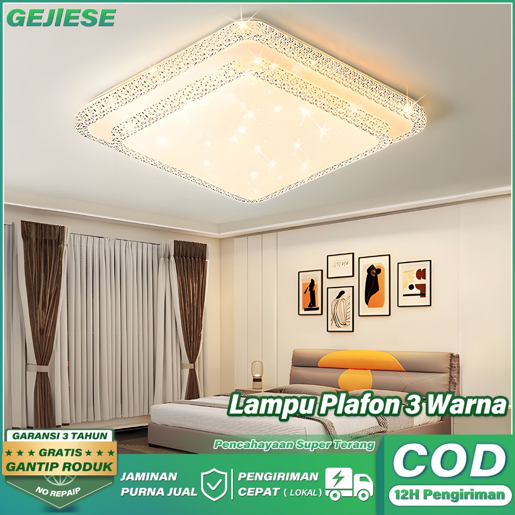 【COD】GEJIESE Lampu Plafon Kristal LED Persegi Dua lapisa 36/48 Watts 3 Warna  Lampu Gantung Ruang Ta