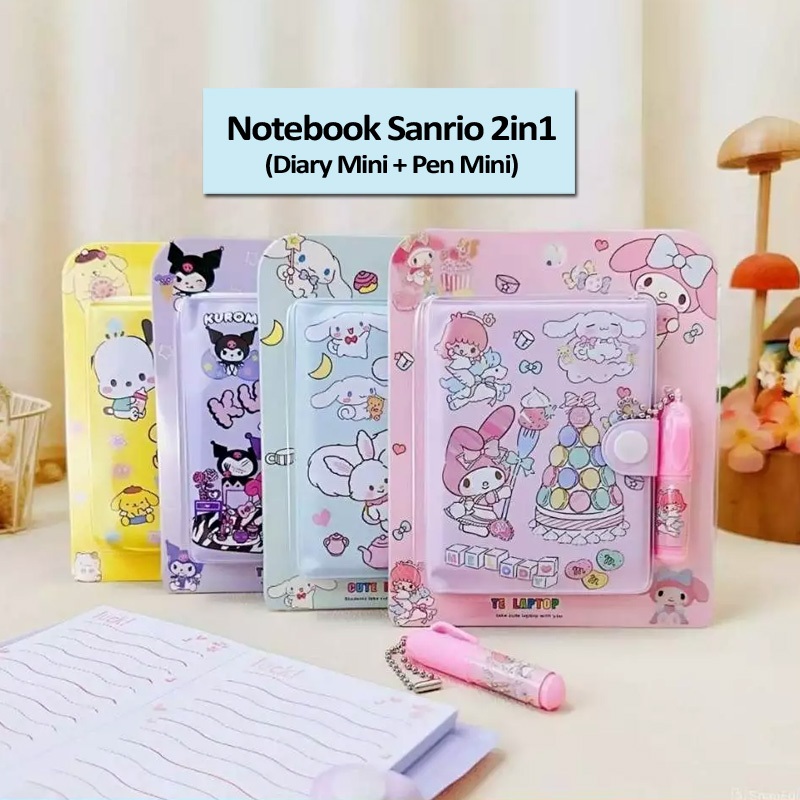 

Buku Diary Mini Klip Kancing dan Pulpen Mini Sanrio Kuromi Cinnamoroll Melody warna bagus dan vibrant cocok untuk belajar menulis PAUD Preschool TK SD SMP ABG notebook catatan kecil anak sekolah SMP ABG