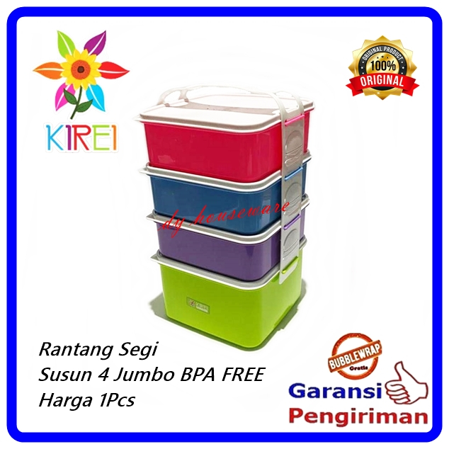 Rantang Plastik Susun 4 / Wadah Makanan Susun 3/ Rantang Segi 2 Tingkat BPA FREE Kirei Glory