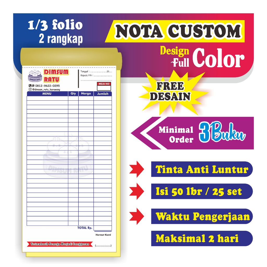 

Nota Custom Full Color ukuran 1/3 folio 2 rangkap bisa satuan gratis desain