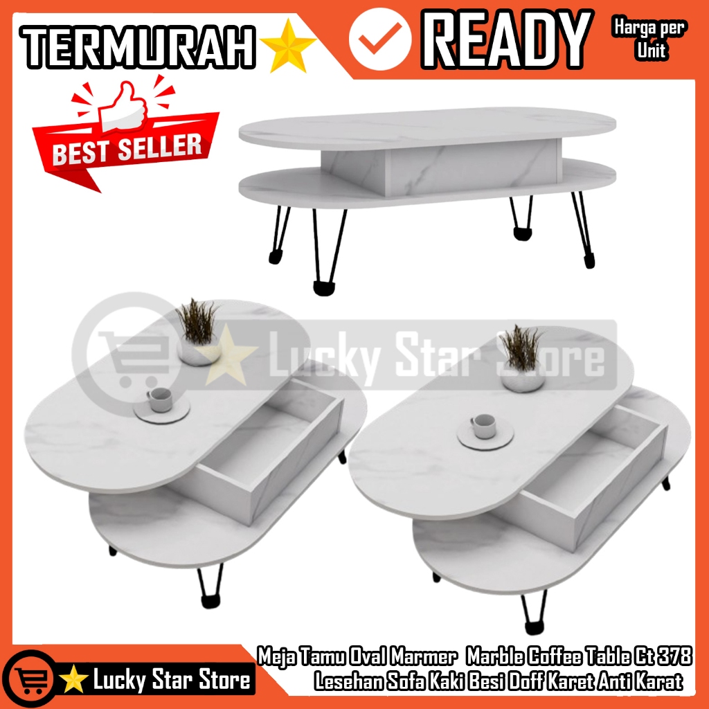 [Instant] Meja Tamu Oval Marmer Marble Coffee Table Ct 378 Makan Sofa Kopi Lesehan Kaki Besi Doff Ka