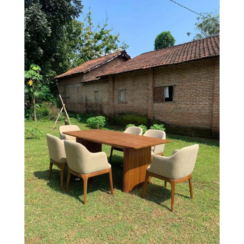 MEJA MAKAN KURSI 6 BUSA MINIMALIS KAYU JATI | MEJA MAKAN 180x90x75 cm | MEJA MAKAN SALUR KAYU JATI |