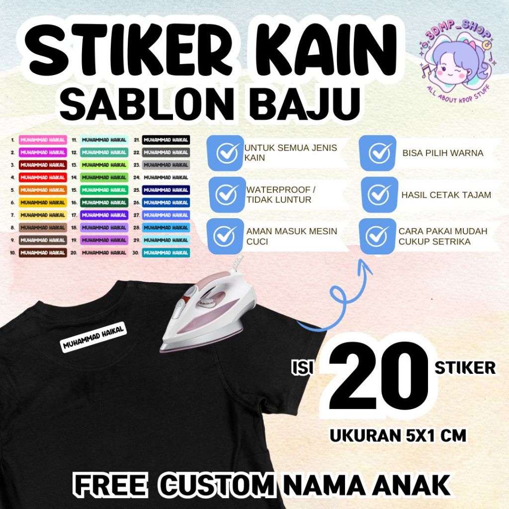 

Stiker nama kain baju custom label sablon setrika laki laki pria perempuan gadis wanita anak muslim sd sekolah pondok asrama pesantren mess tk fullday scholl