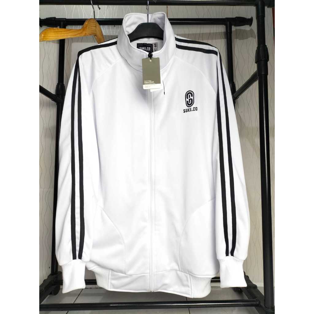 baju trektop atasan pria  warna putih list hitam //baju jipper kece premium full teggg
