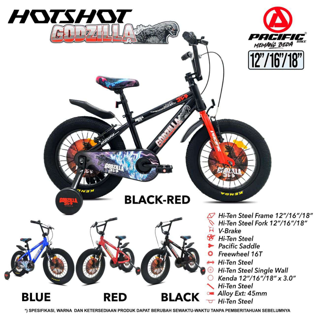 SEPEDA ANAK BMX 12 / 16 / 18 INCH PACIFIC HOTSHOT GL (GODZILLA) BAN JUMBO 3.0 SEPEDAH ANAK UMUR 2 3 