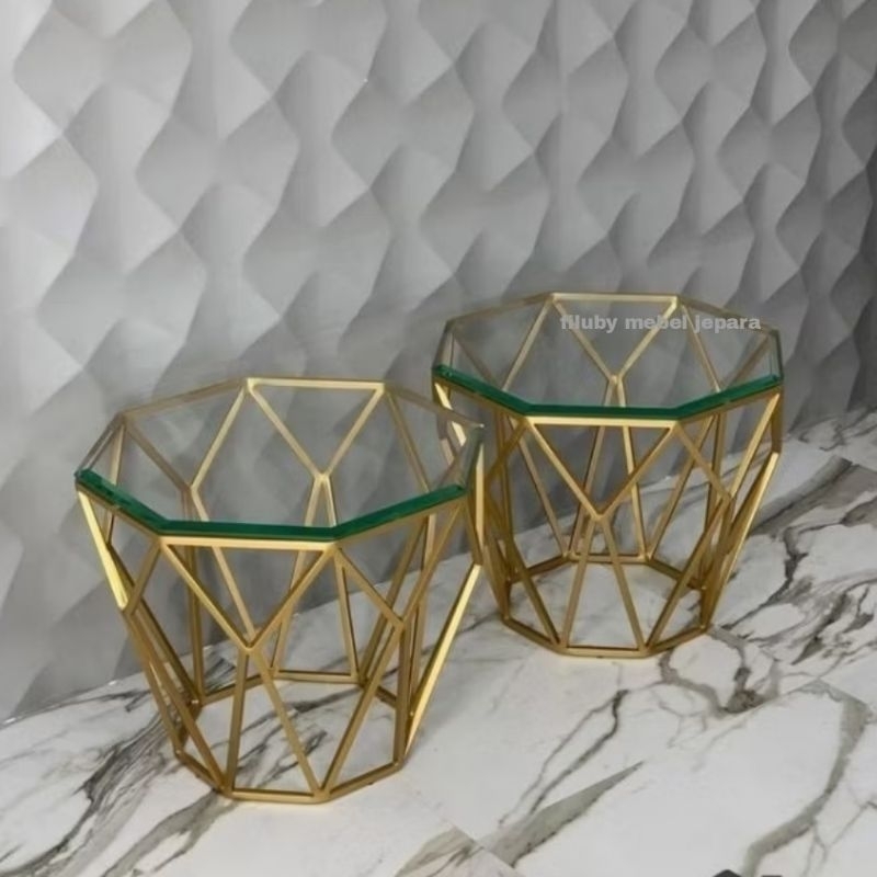 Meja tamu bulat minimalis modern rangka besi top table kaca
