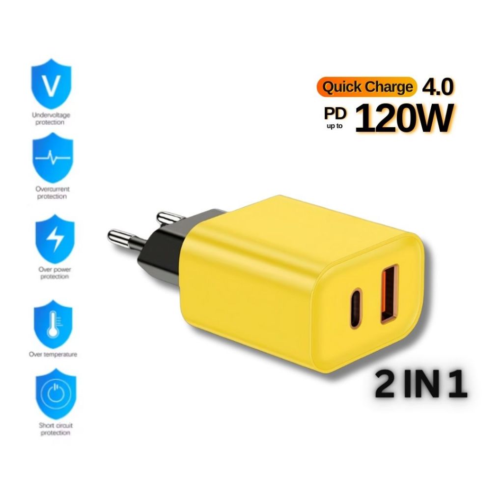 2in1 Kepala Charger 120W Fast Charging USB A dan Type C Dual Port Stylish