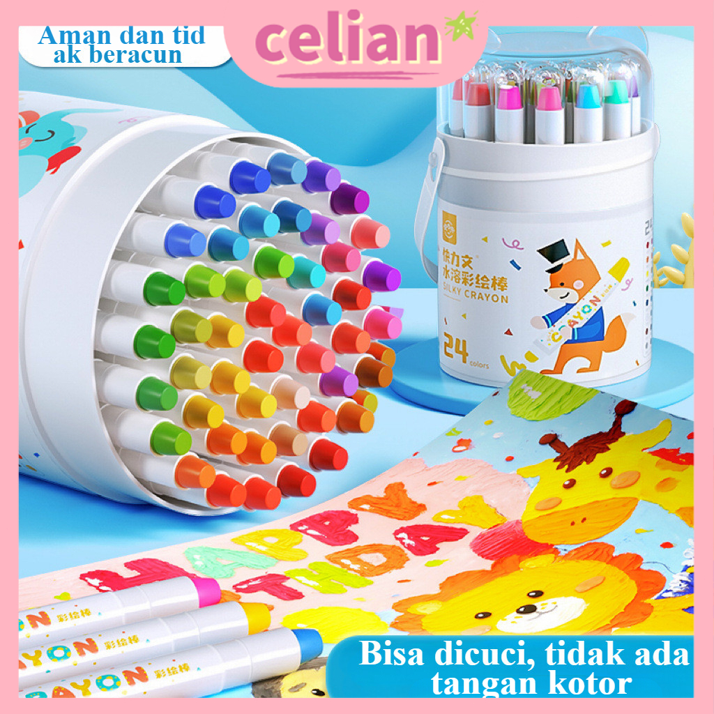 

Washable Silky Crayon 12 / 24 / 36 / 48 Warna Colorful Bucket Krayon Mewarnai Alat Warna Set Anak Wipe and Clean