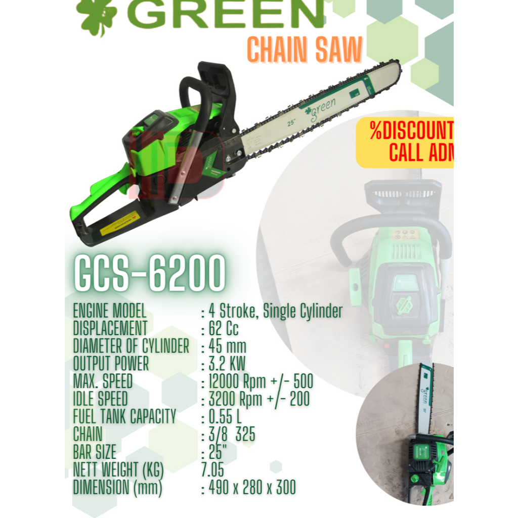 Chainsaw GCS-6200 25 Inch - Alat Pemotong Pohon dengan Hardnose Bar 25" Merk Green