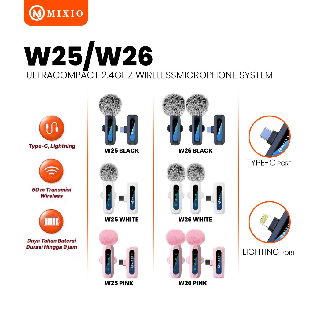 MIXIO W25 W26 Wireless Microphone Mic Wireless Clip on Microphone Mikrofon Lavalier HP Plug & Play