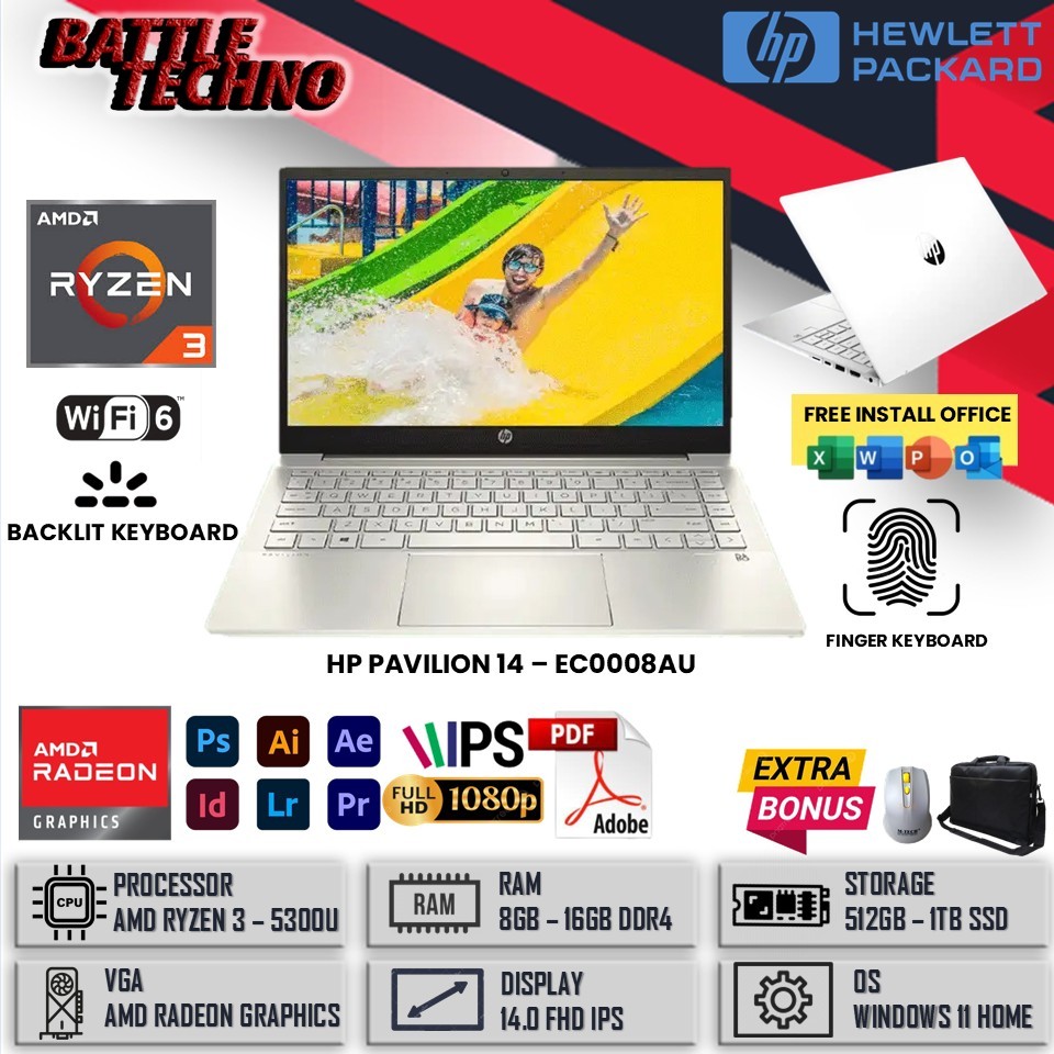 Laptop Gaming HP Pavilion 14 Amd Ryzen 3 5300U 16GB 1TB SSD FHD IPS Windows 11 Original