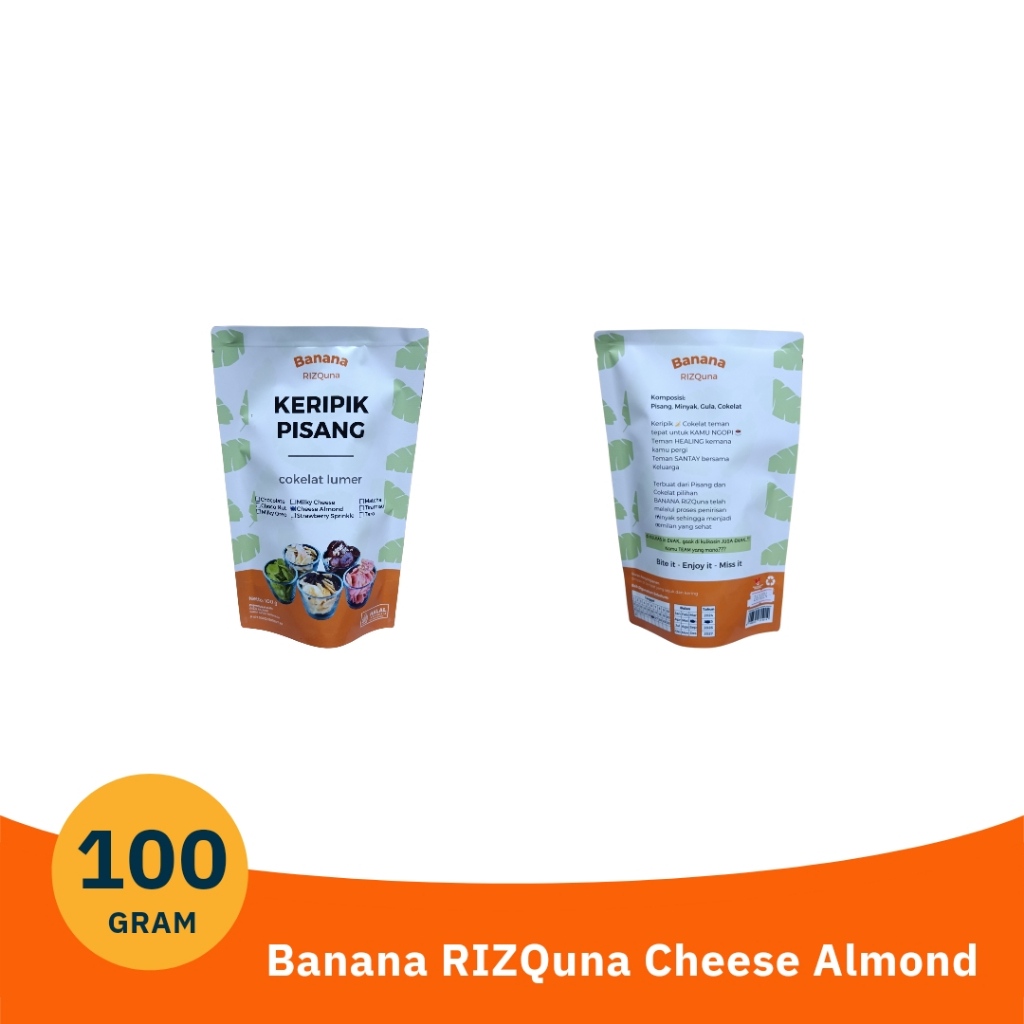 

RECOMMENDED! Banana RIZQuna keripik pisang cokelat lumer Cheese Almond / keripik pisang coklat lumer pouch | keripik pisang coklat lumer 100 gram - 0