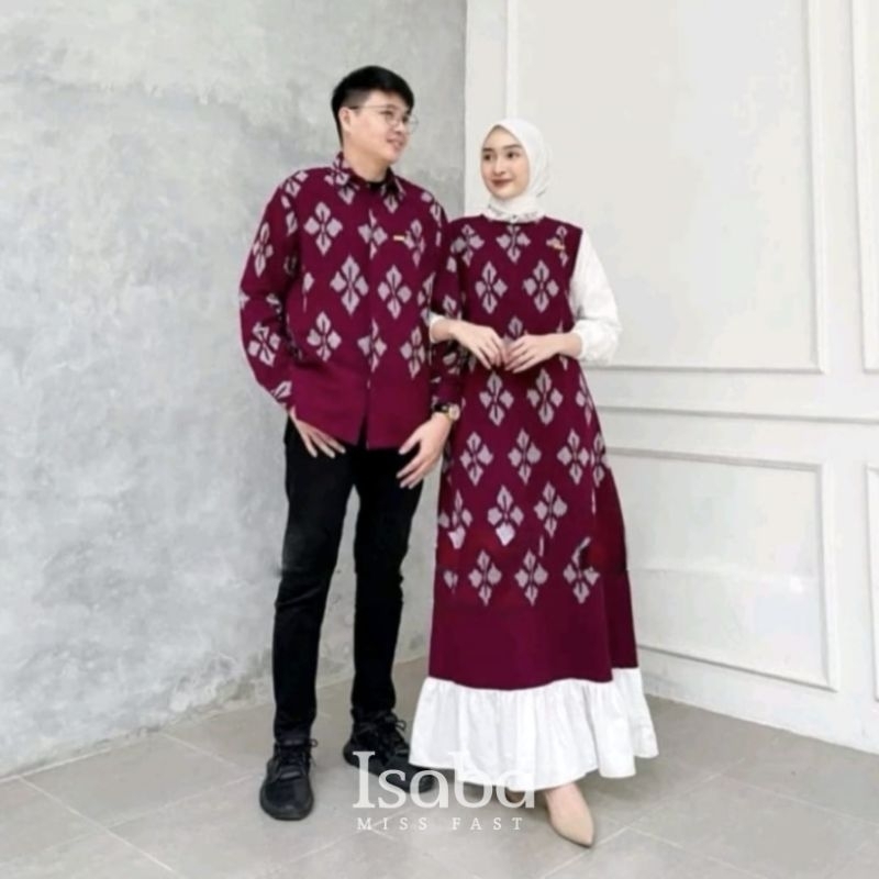 ISABA - BAJU TENUN COUPLE - COUPLE DRESS KARINA MARUN - BAJU MUSLIM LEBARAN PASANGAN
