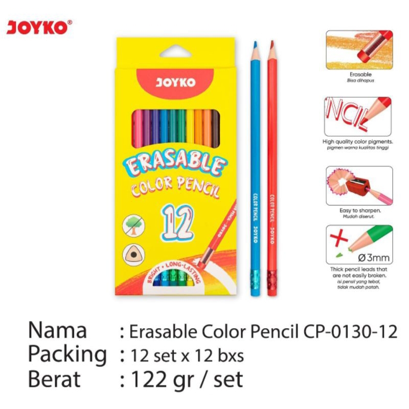 

Erasable Color Pensil Warna Joyko CP-0130 Triangle Grip (Dapat Dihapus)