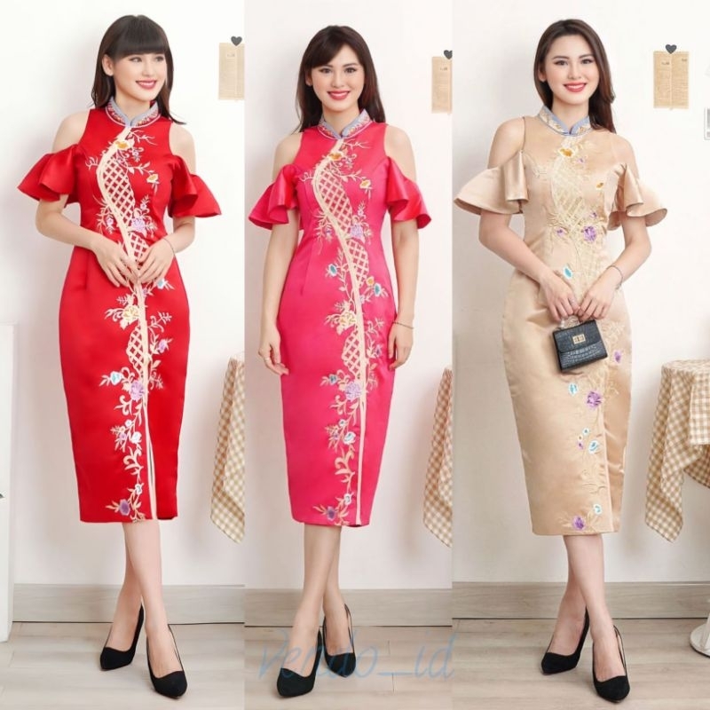 cut out sleeve midi skirt dress cheongsam qipao qibao imlek kueni cny sincia oriental chinesse china