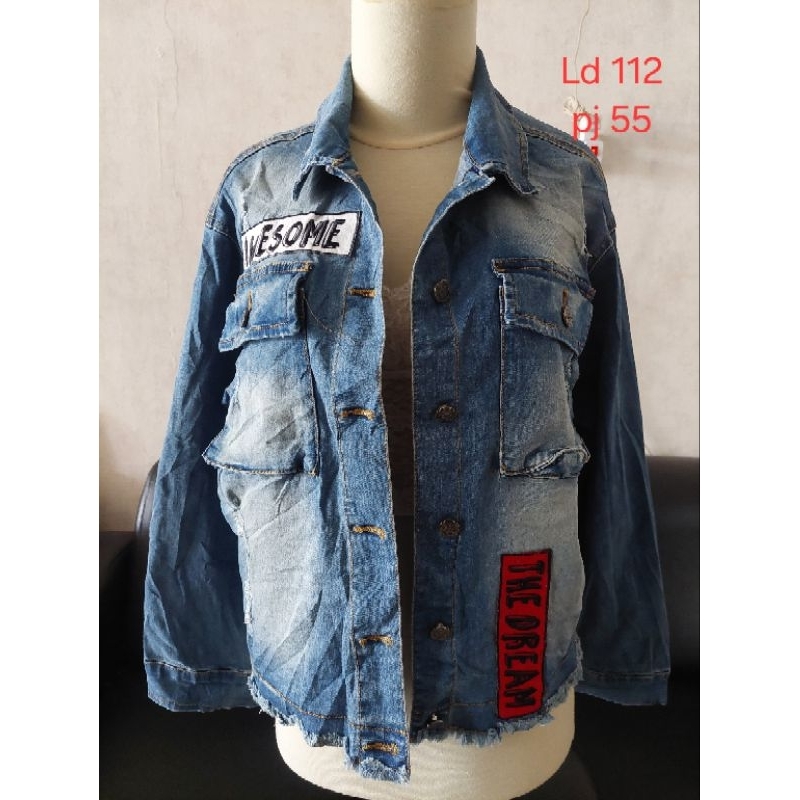 Hangten jaket denim wanita model oversize motif tulisan size L
