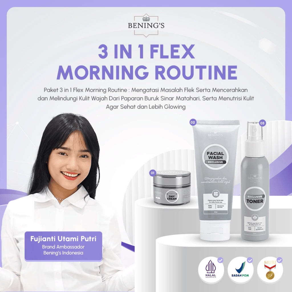 Benings Skincare Paket Flek 3 in 1 Morning Routine Day Cream untuk mencegah penuaan diri