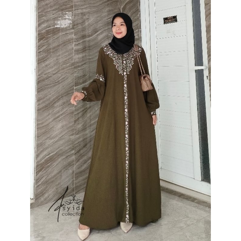 Gamis Crinkle Bordir Premium Lengan Balon M L XL / Gamis Crinkle Bordir Bunga / Dress Pesta