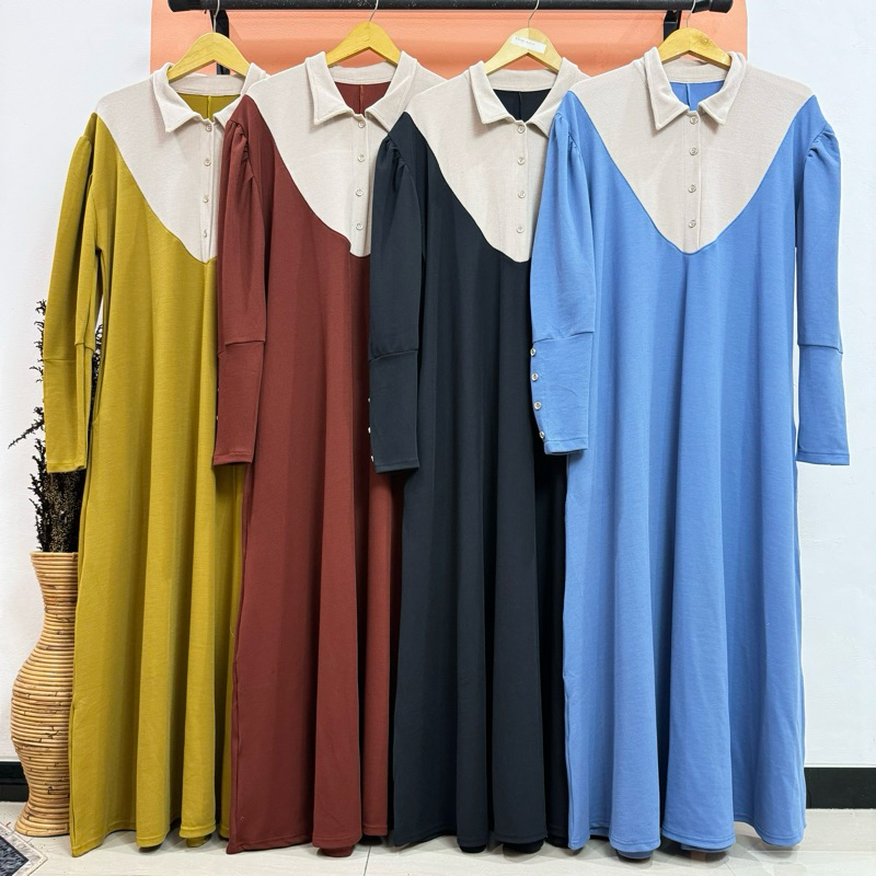 Gamis dress bahan knit import premium polos berkerah ld 110"shanaz"