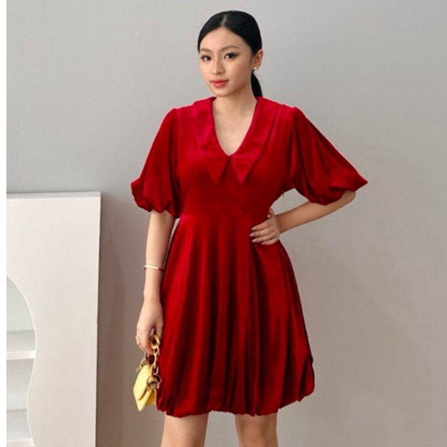 [ MAFIA ] Velvet mini chinese red maroon dress | V neck Dress velvet wanita