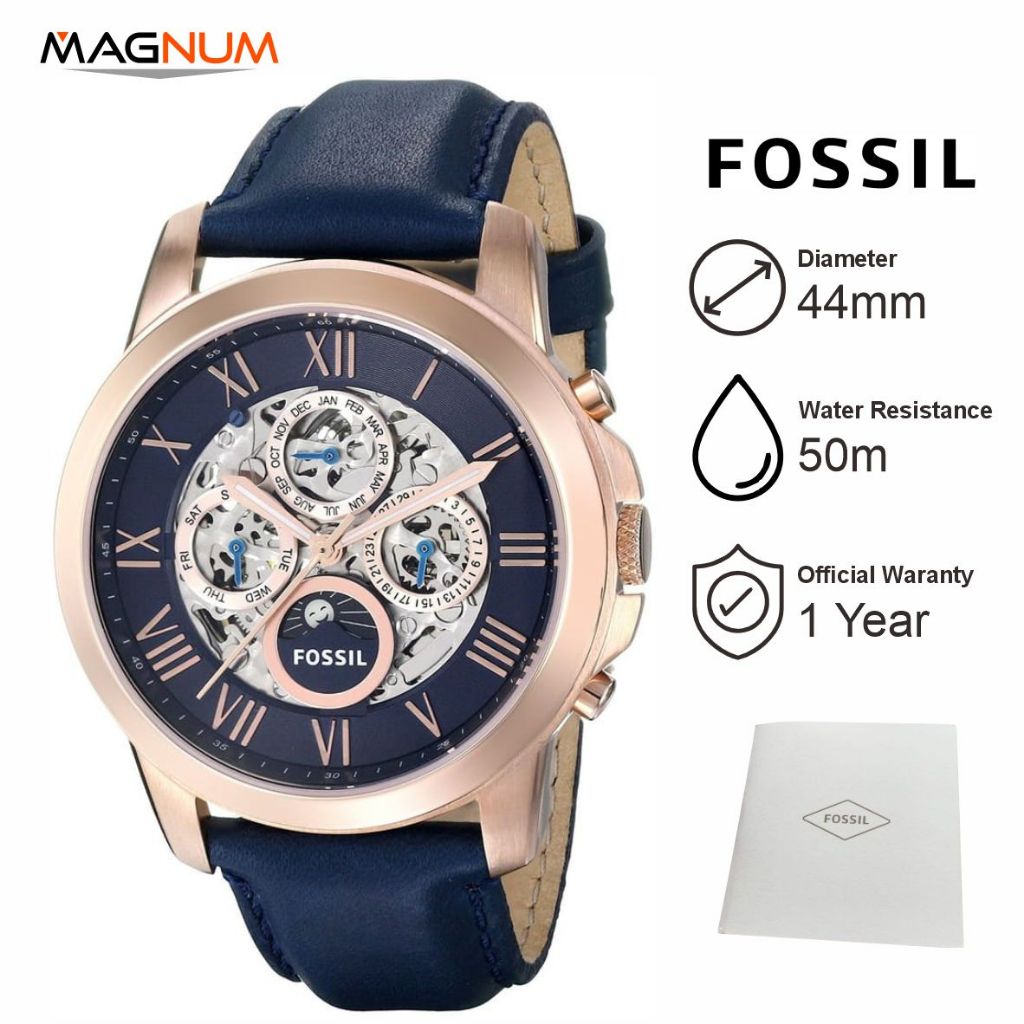 2.2 Jam Tangan Pria Fossil ME3029 Automatic Chronograph Navy Gold Leather Strap