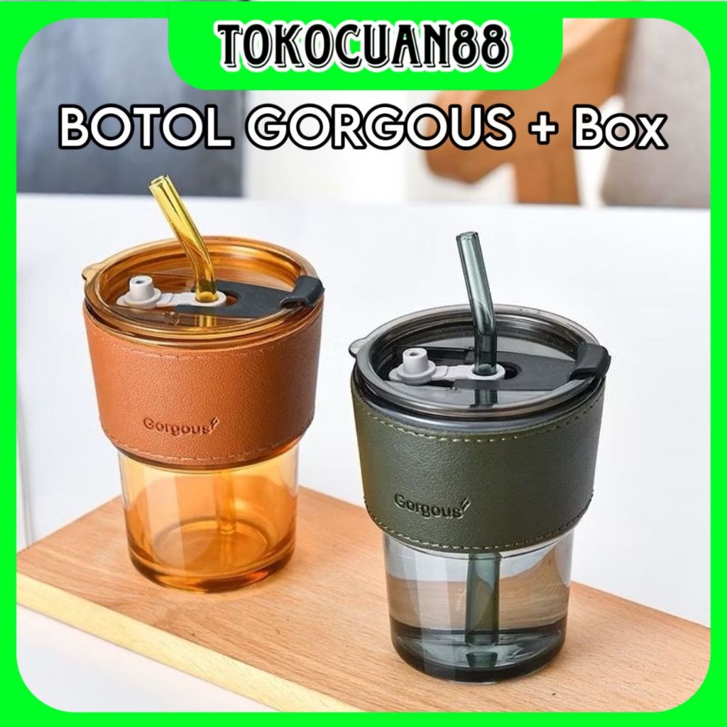 Gelas Kaca Tumbler Dengan Kotak / Gelas Kaca Unik / Gelas Kaca Dengan Sedotan / Gelas Kaca Gorgous /