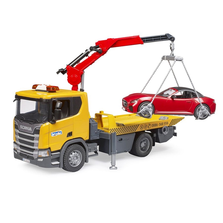 Bruder 3552 Scania Super 560R Tow truck with Light & Sound Module and Roadster - Mainan Miniatur Tru