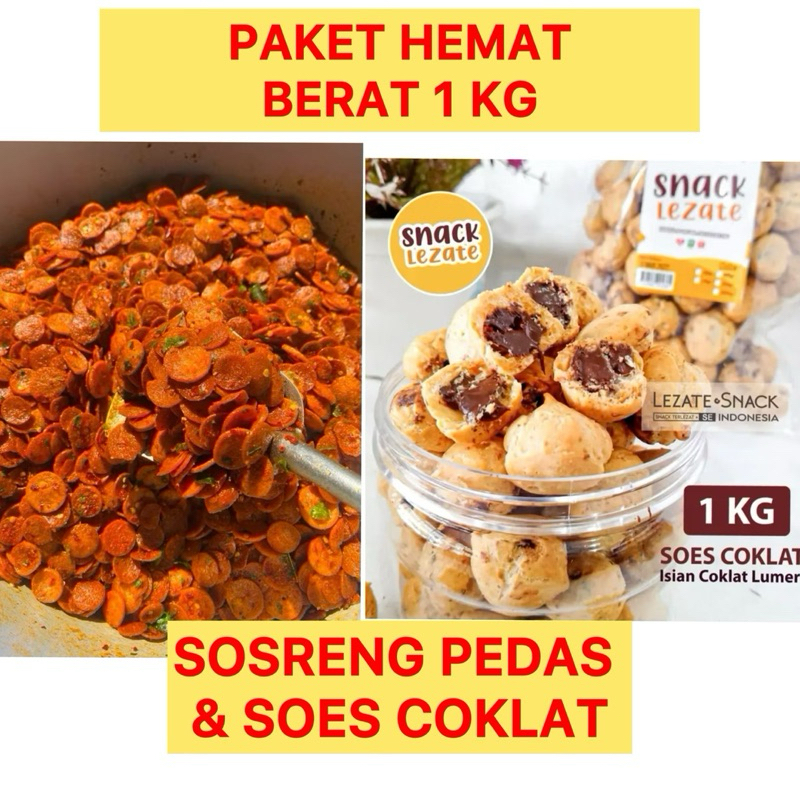 

(PAKET HEMAT SOSRENG & SOES COKLAT ) Cemilan Sosreng Pedas 500 & Soes coklat lumer 500