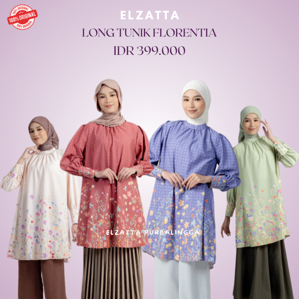 Elzatta Long Tunik Florentia Tunik Wanita Motif Bunga Bahan Katun Dobby Elzatta